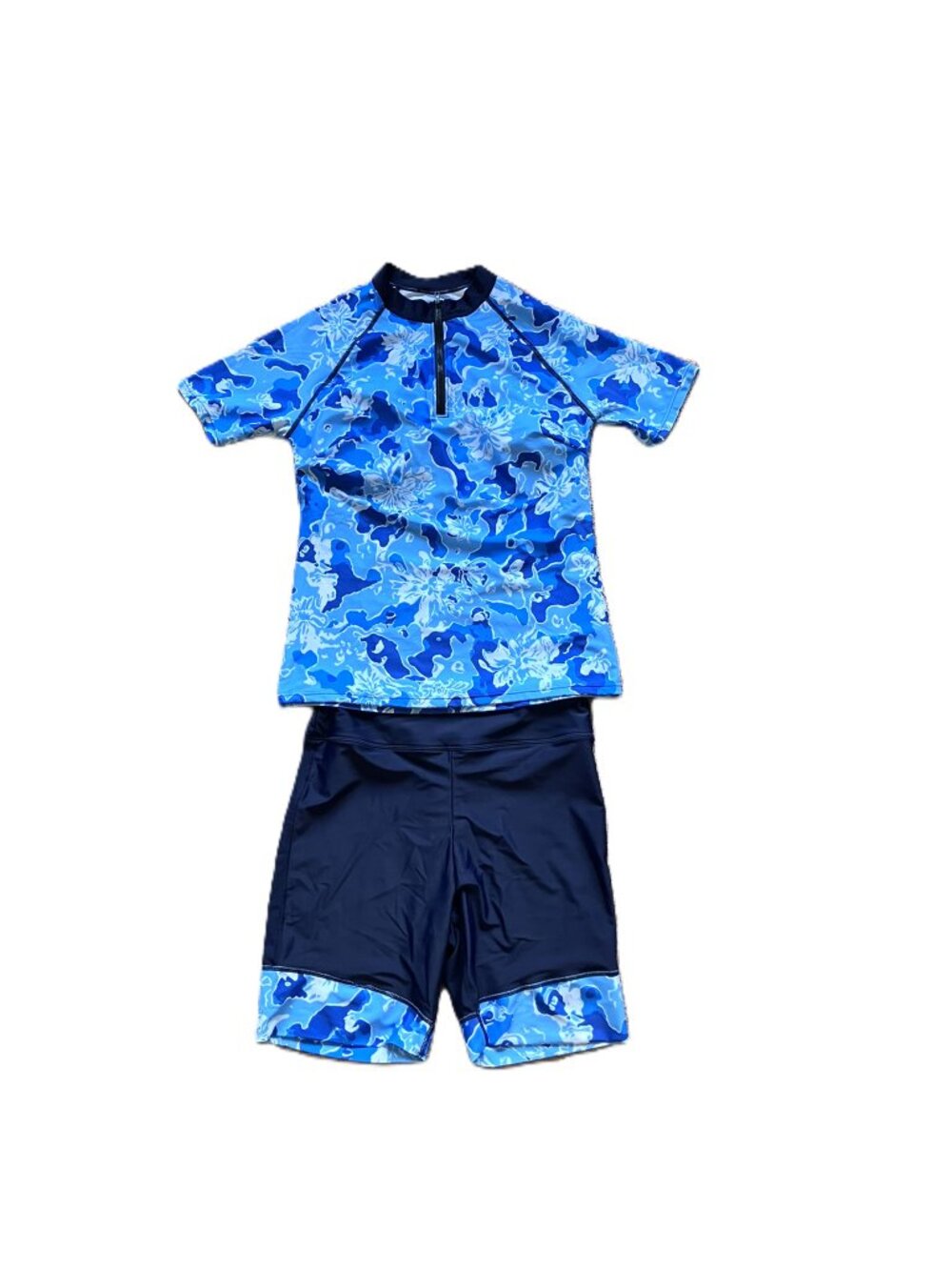 2-Piece Swimsuit Set: Rash Guard & Shorts | Dark Blue & Floral | Large, NWOT